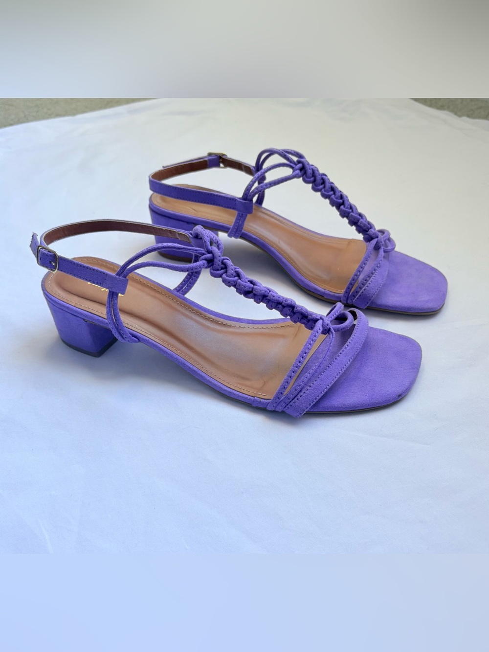 Via Mia Purple Suede Braided Strappy Block Heel Sandals